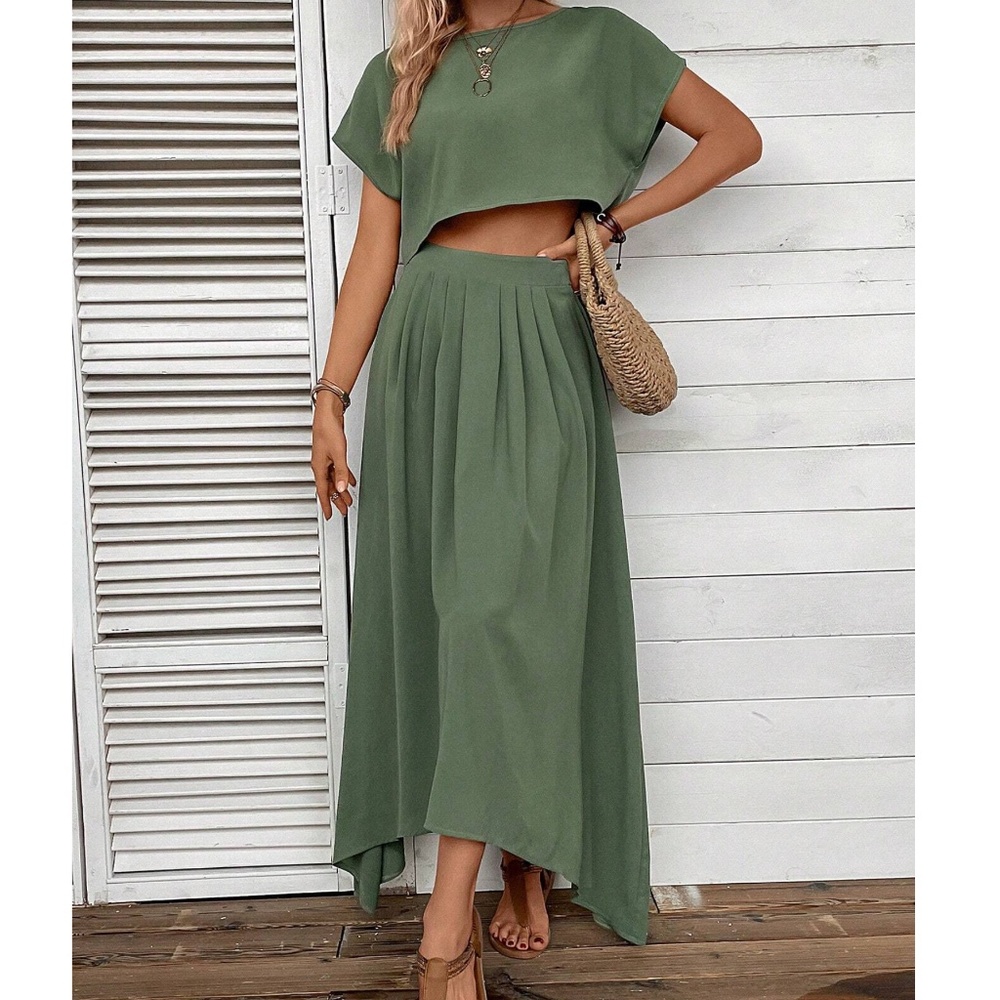 Green Crop Batwing Top Maxi Skirt Set
